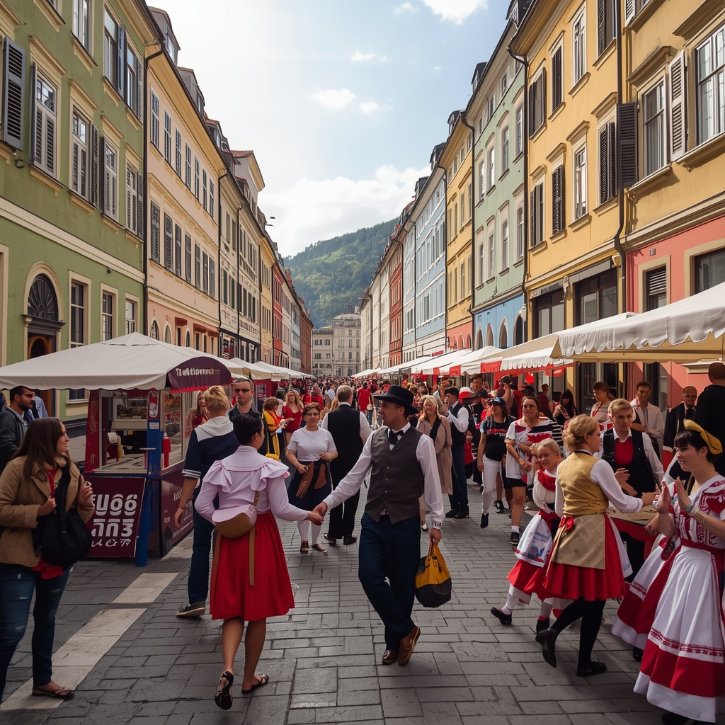 A vibrant cultural street festival in a colorful European city with people dancing and traditional food stalls, lively atmosphere.